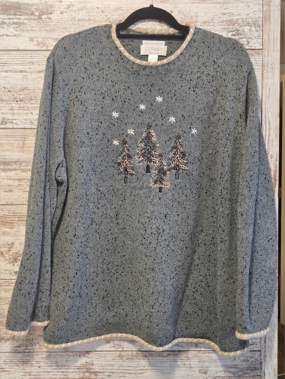 CJ Banks Light Blue Knit Sweater with Tree Embroidery Adorned With Buttons